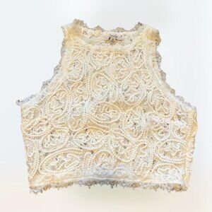a.peach white lacy flower embroidery knitted sleeveless crop top size M